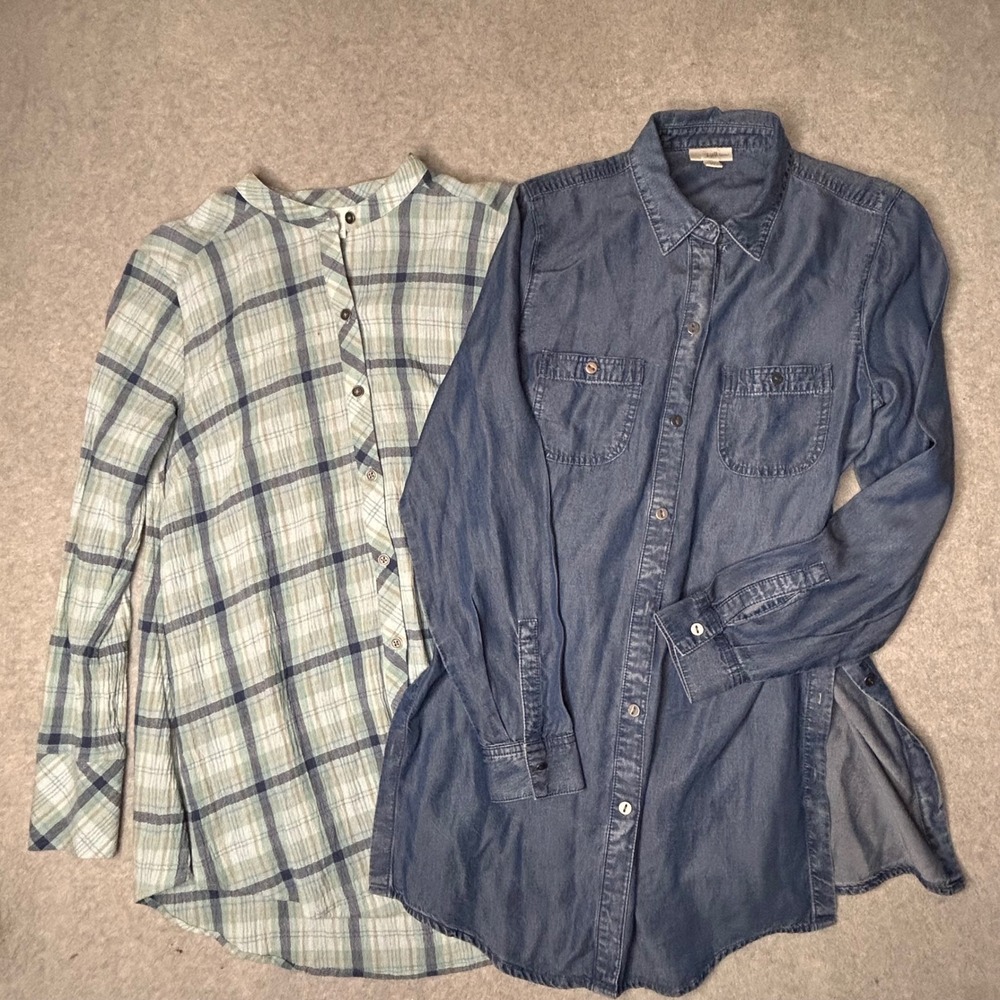 J Jill Denim Shirt Tunic Blue Chambray and plaid shirt XS long sleeve bundle‎